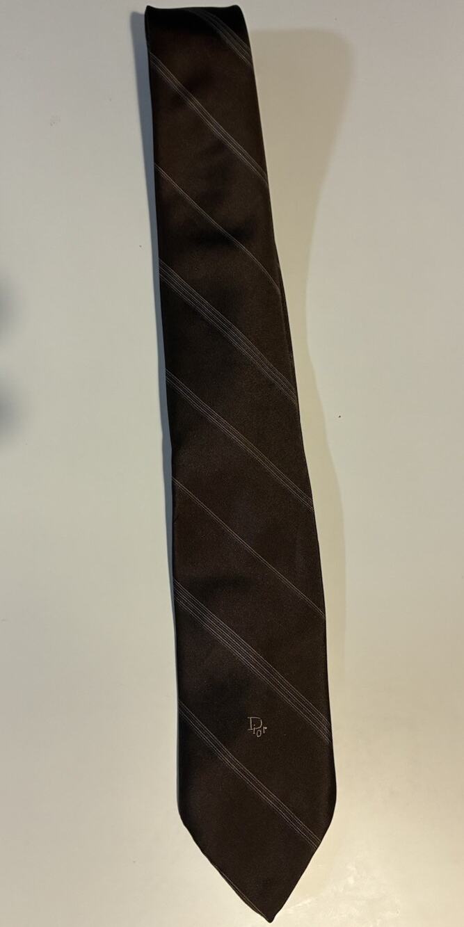 Luxury Christian Dior Mens Striped Tie Brown/Tan Skinny vintage polyester/silk